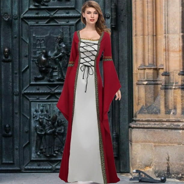 sheart 9 Ladies Medieval Vintage Style Solid Color Bell Sleeve Renaissance Cosplay Princess Long Dresses Red 